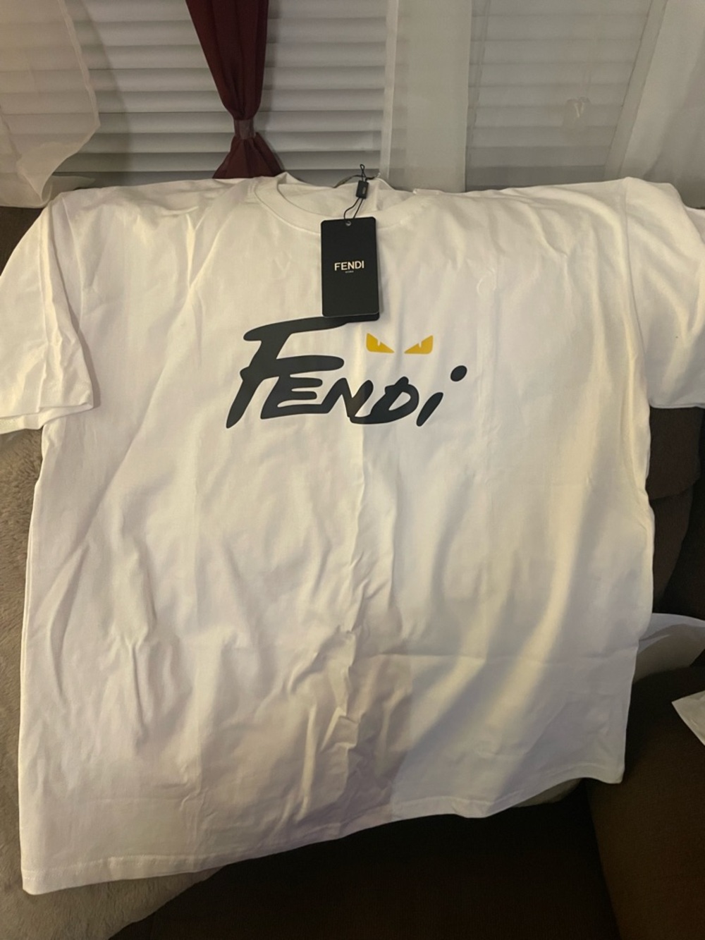 Fendi White Short-Sleeve Logo Tee with Yellow Accent “Fits like an XL!! ”